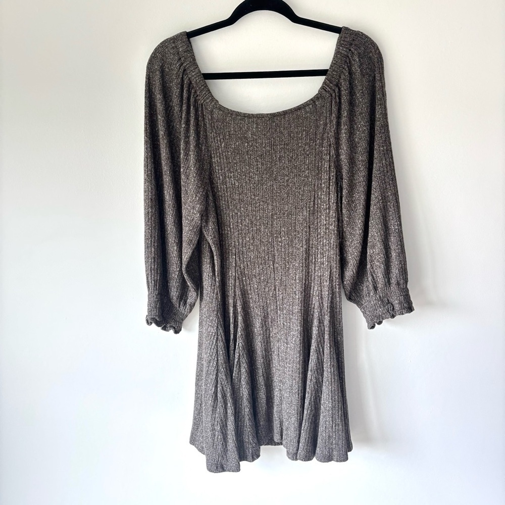 Anthropologie Daily Practice Ribbed Grey Mini Sweater Dress Puff Sleeves Boho - Picture 9 of 11